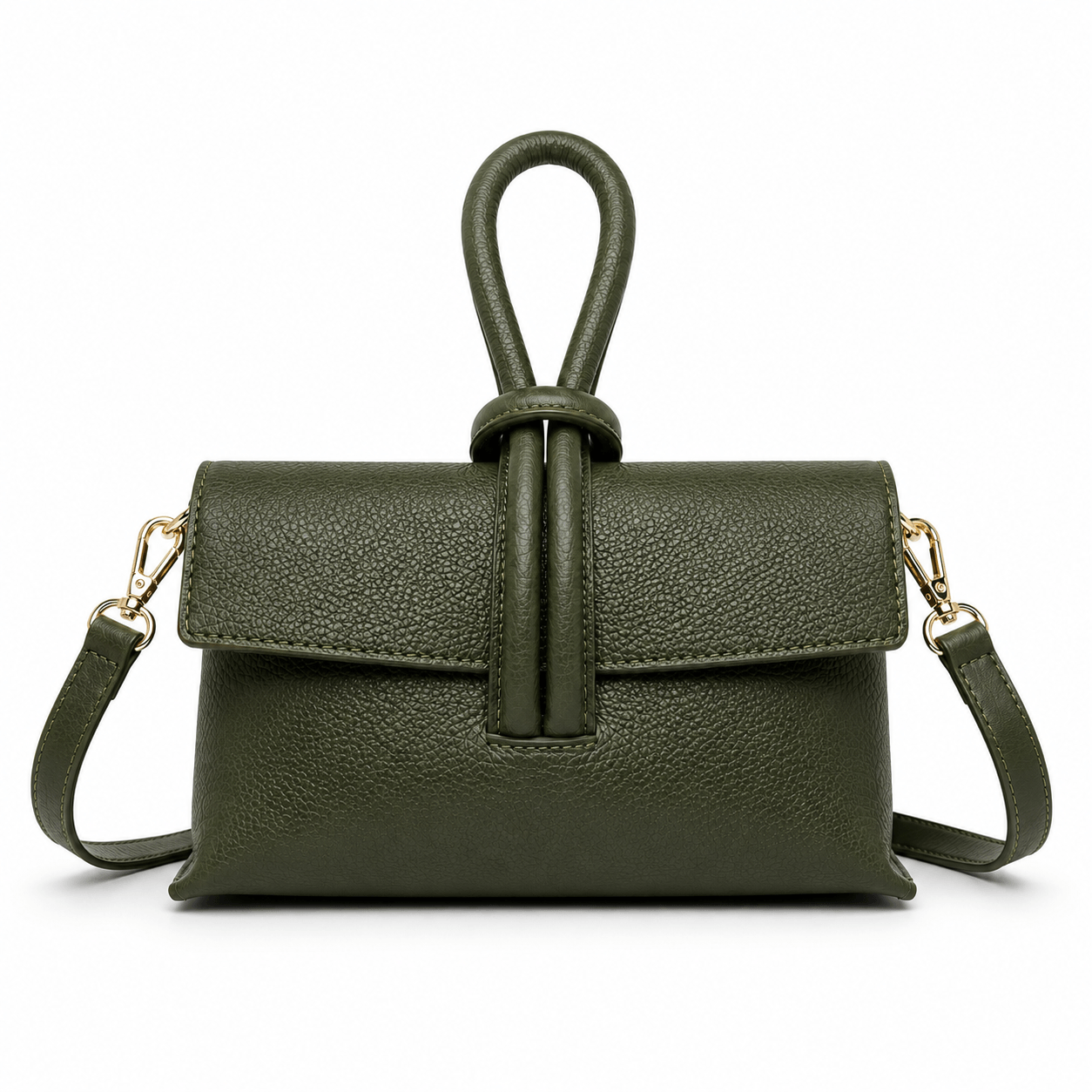 Clutch Michelle Army – Dunkelgrüne Leder Clutch mit abnehmbarem Schulterriemen und goldenen Karabinern, Frontansicht, weißer Hintergrund
