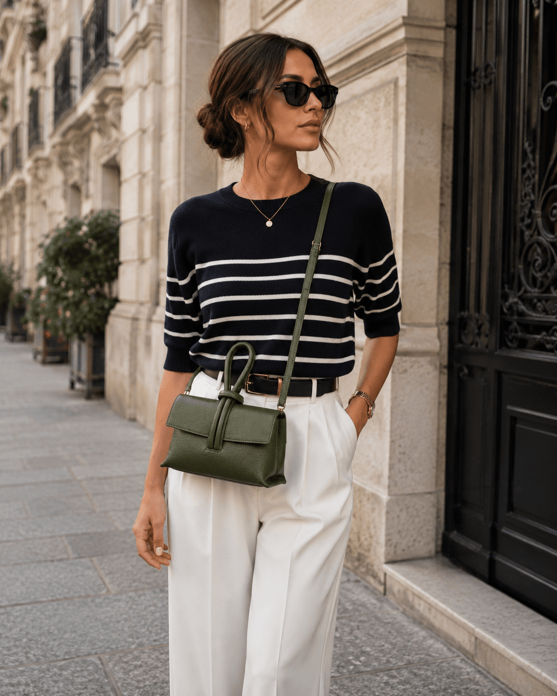 Clutch Michelle Army – Frau trägt dunkelgrüne Leder Clutch als Umhängetasche, eleganter Pariser Streetstyle mit Marinepullover und weißer Hose
