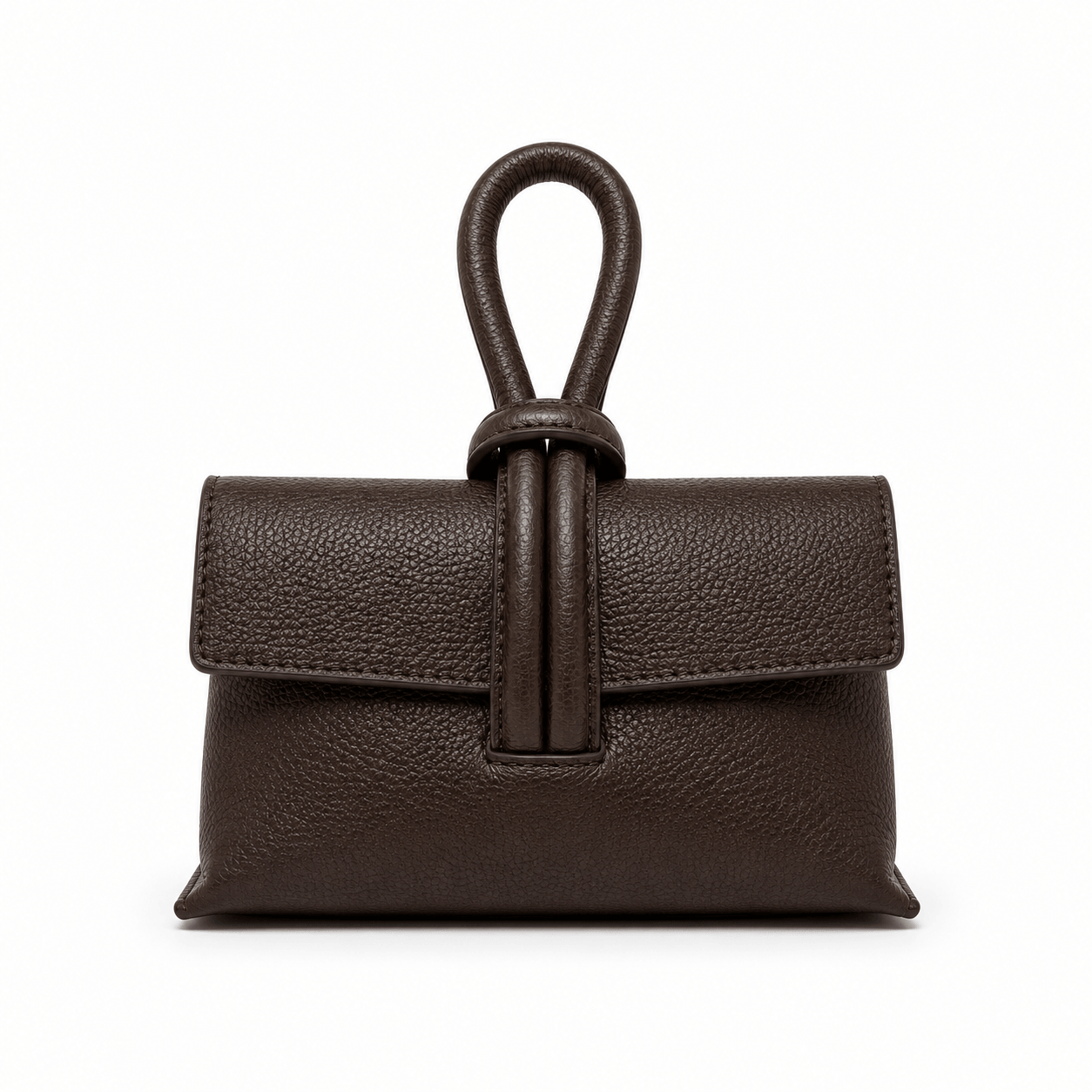 Clutch Michelle Choco – Dunkelbraune Leder Clutch mit Knoten-Detail und Loop-Griff, Frontansicht, weißer Hintergrund
