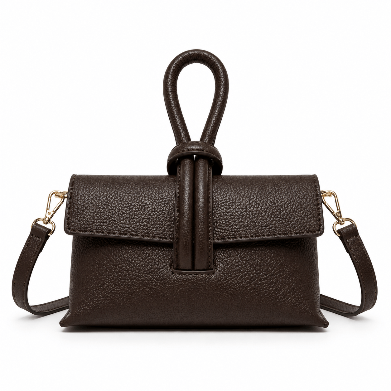 Clutch Michelle Choco – Dunkelbraune Leder Clutch mit abnehmbarem Schulterriemen und goldenen Karabinern, Frontansicht, weißer Hintergrund
