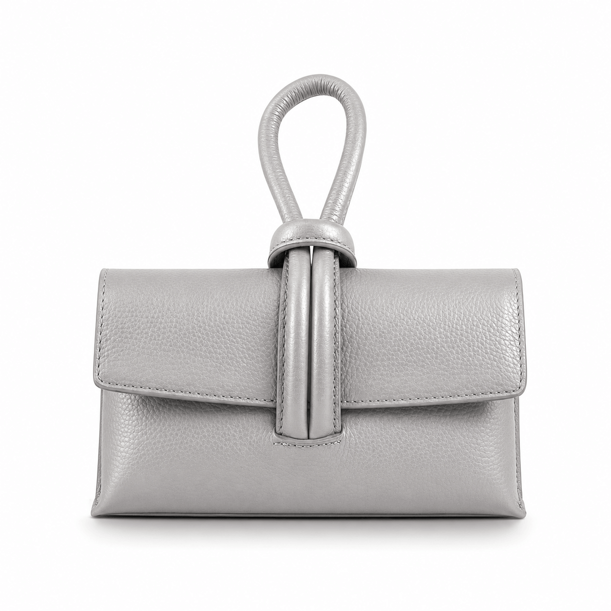 Clutch Michelle Gris – Graue Leder Clutch mit Knoten-Detail und Loop-Griff, Frontansicht, weißer Hintergrund
