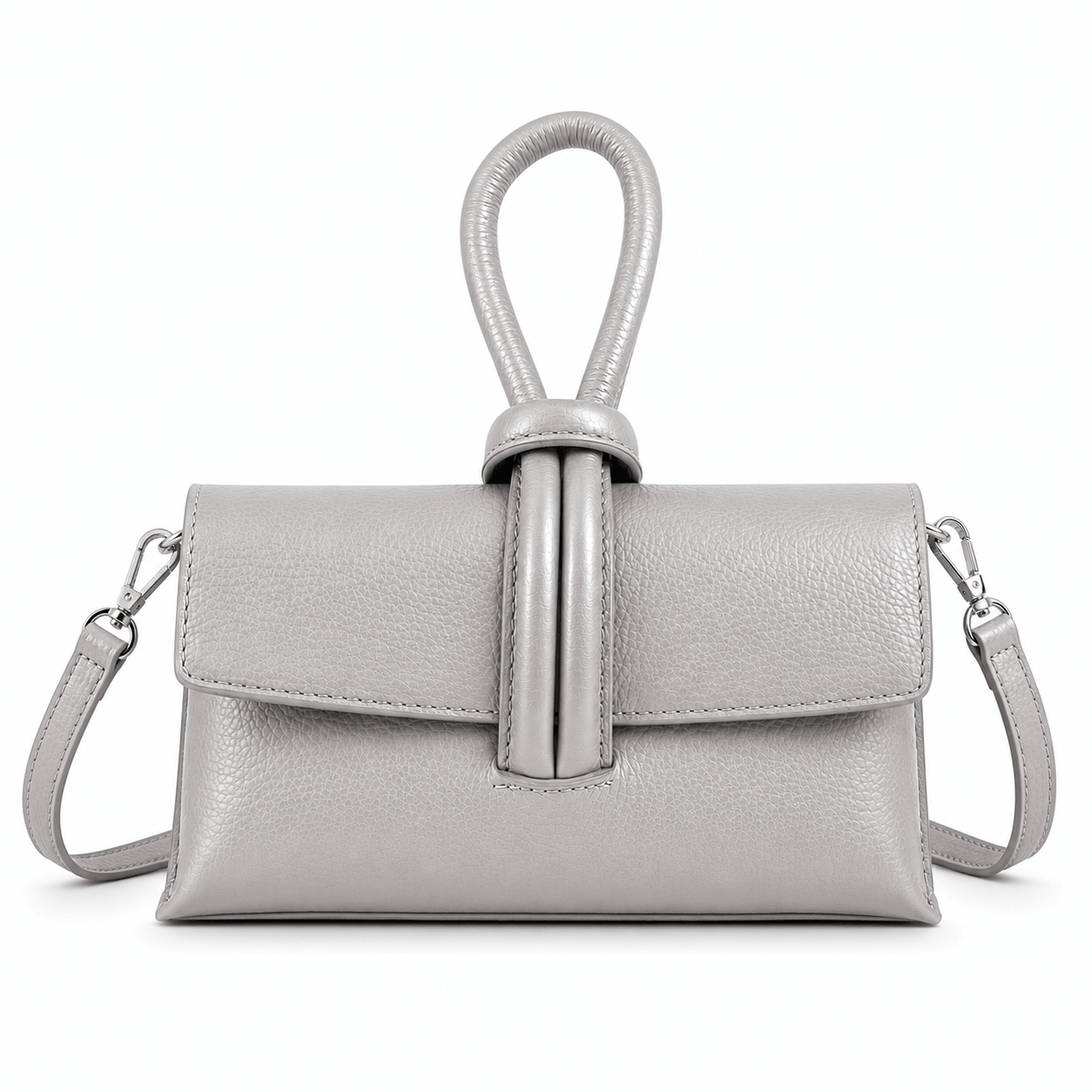 Clutch Michelle Gris – Graue Leder Clutch mit abnehmbarem Schulterriemen und silbernen Karabinern, Frontansicht, weißer Hintergrund
