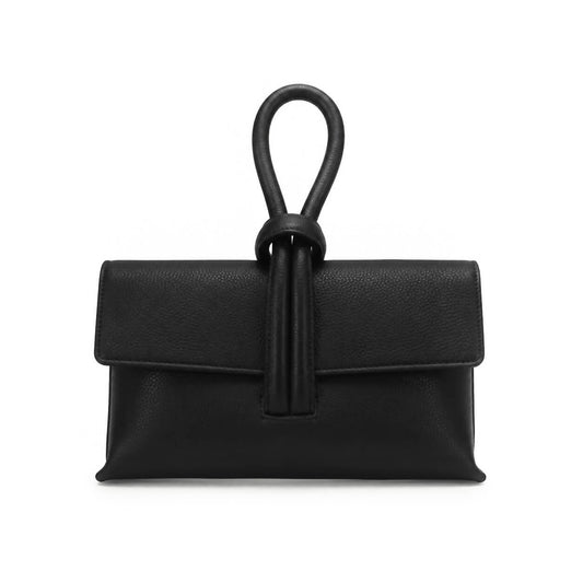 Clutch Michelle Nero – Schwarze Leder Clutch mit Knoten-Detail, Frontansicht, weißer Hintergrund
