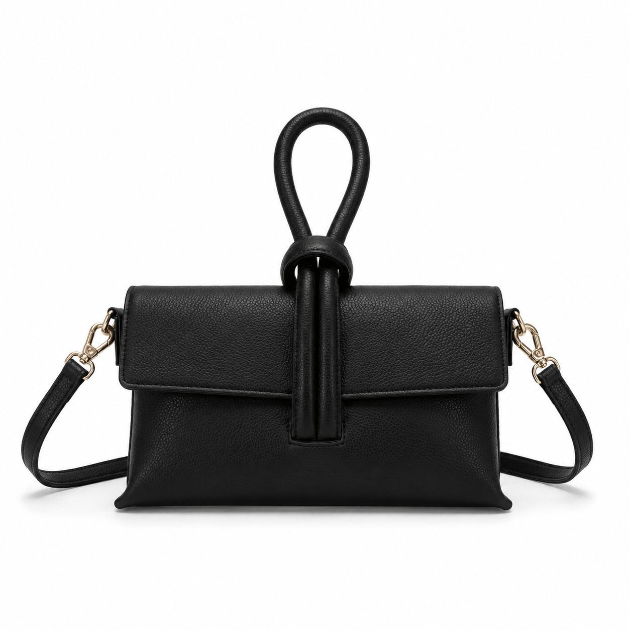 Clutch Michelle Nero – Schwarze Leder Clutch mit abnehmbarem Schulterriemen und goldenen Karabinern, Frontansicht
