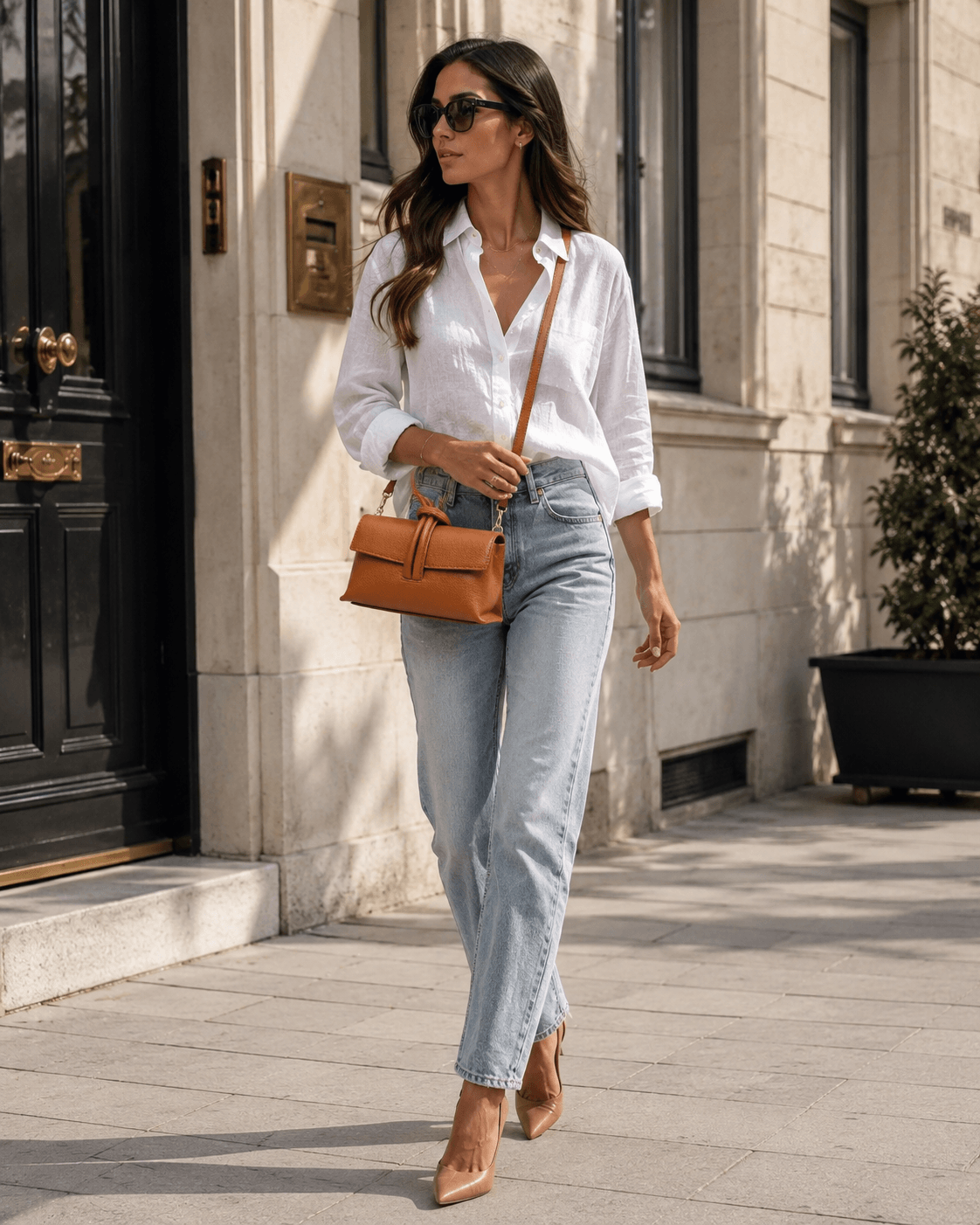 Clutch Michelle Savana – Frau trägt cognacfarbene Leder Clutch als Umhängetasche, Streetstyle Look mit weißer Bluse und Jeans
