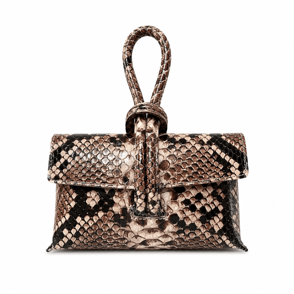 Clutch Michelle Snake – Leder Clutch im Schlangenmuster beige/schwarz mit Handschlaufe, Frontansicht | LiBEAU
