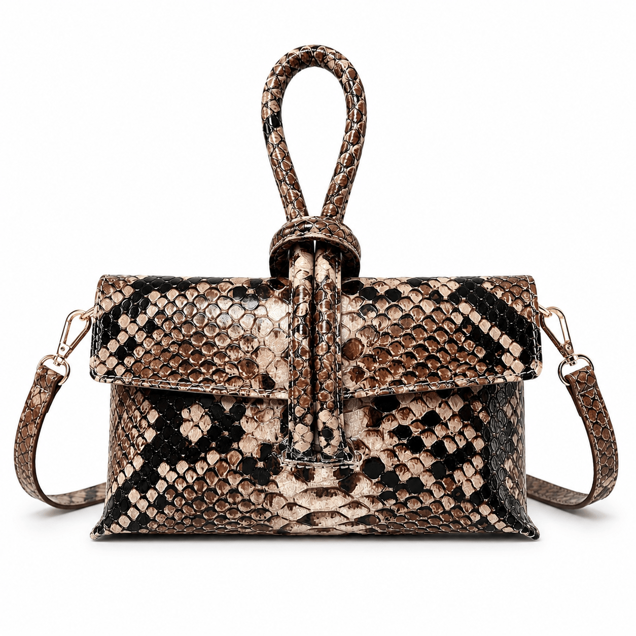 Clutch Michelle Snake – Schlangenmuster Leder Clutch, Detailansicht Fold-over Verschluss | LiBEAU
