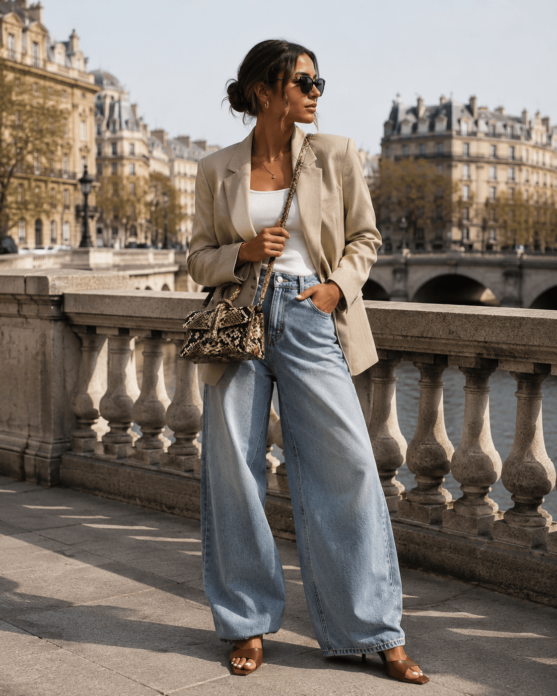 Clutch Michelle Snake – Frau trägt Leder Clutch im Schlangenmuster als Umhängetasche, eleganter Look auf einer Brücke
