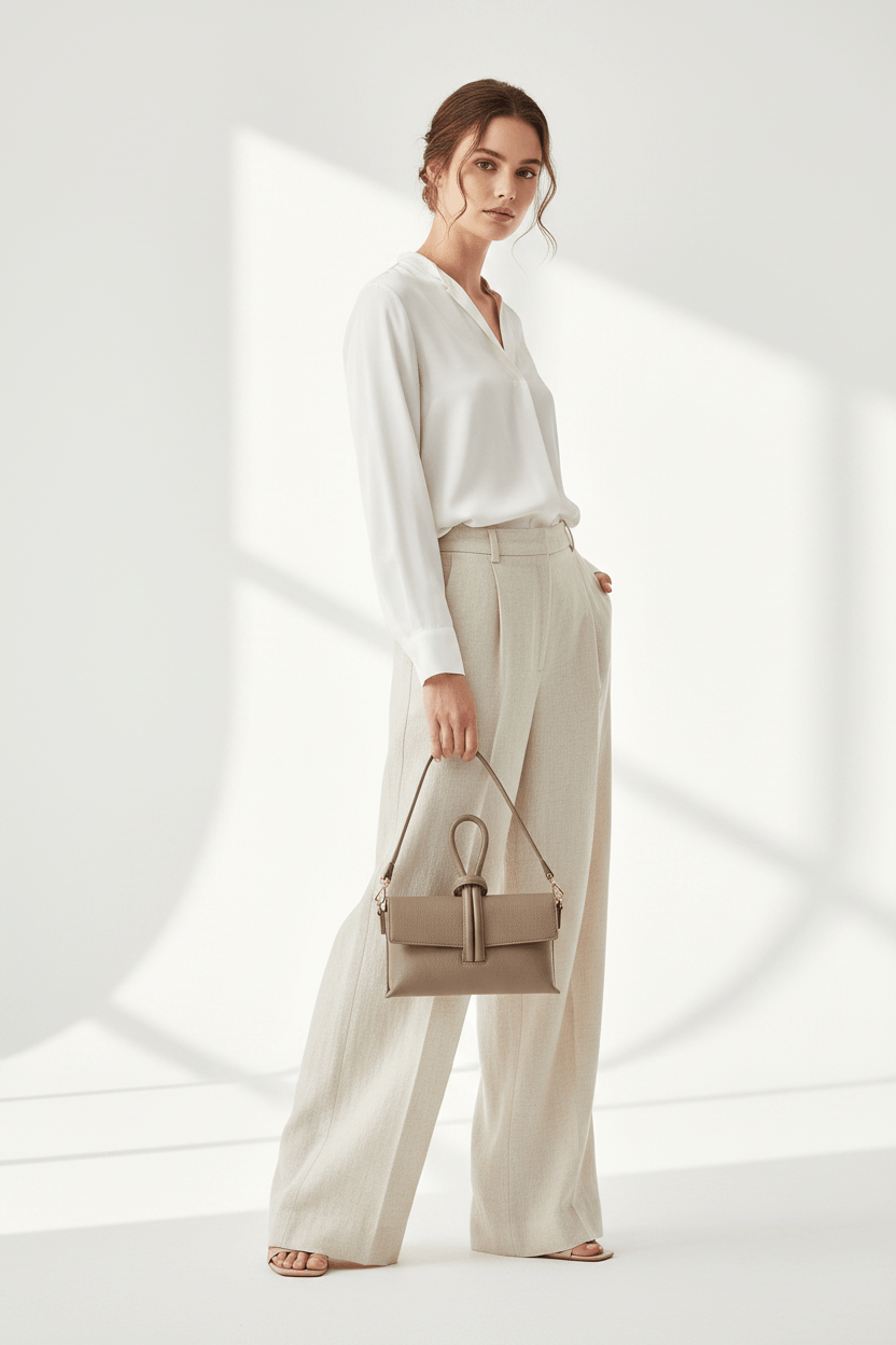 Clutch Michelle Taupe – Frau trägt taupefarbene Leder Clutch als Umhängetasche, helles Fashion Editorial
