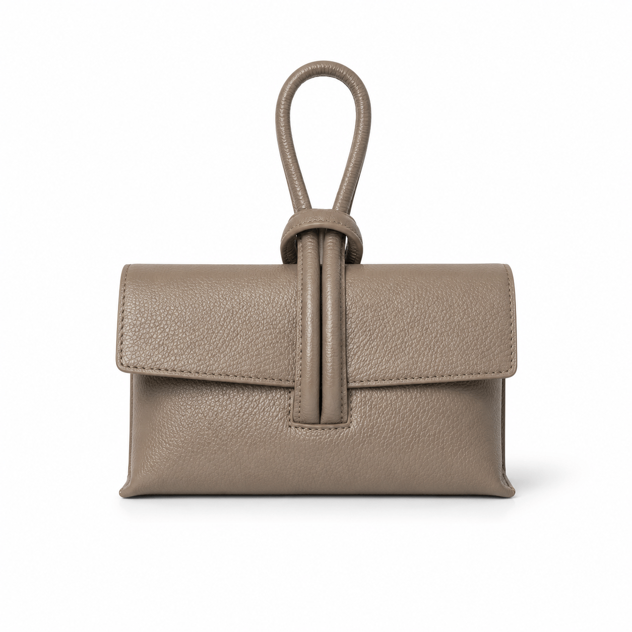 Clutch Michelle Taupe – Taupe Leder Clutch mit Knoten-Detail und Loop-Griff, Frontansicht, weißer Hintergrund
