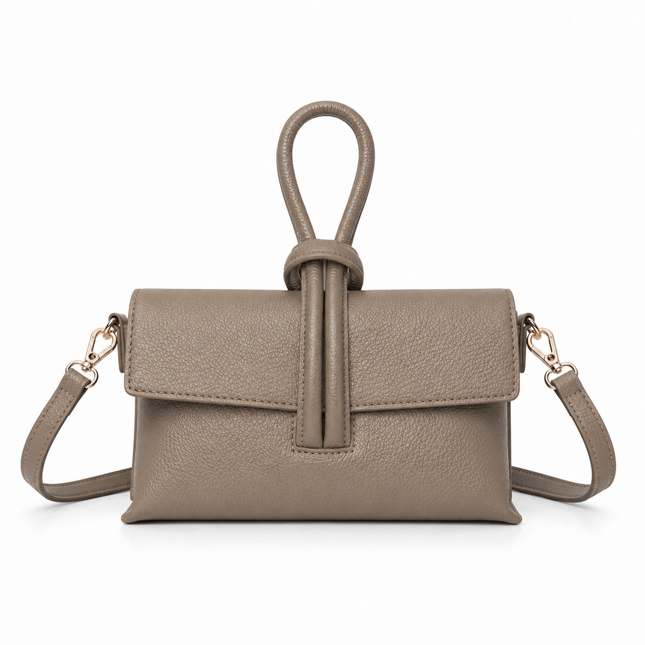 Clutch Michelle Taupe – Zeitlose Leder Clutch in Taupe mit abnehmbarem Schulterriemen und goldenen Karabinern, Frontansicht
