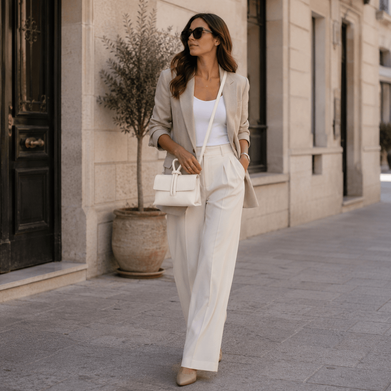 Clutch Michelle White – Frau trägt weiße Leder Clutch als Umhängetasche, eleganter Streetstyle Look mit beigem Blazer und weißer Hose
