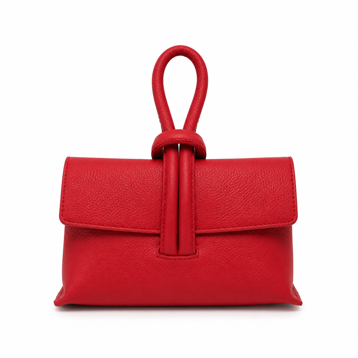 Clutch Michelle Rosso – Rote Leder Clutch mit Knoten-Detail und Loop-Griff, Frontansicht ohne Riemen, weißer Hintergrund
