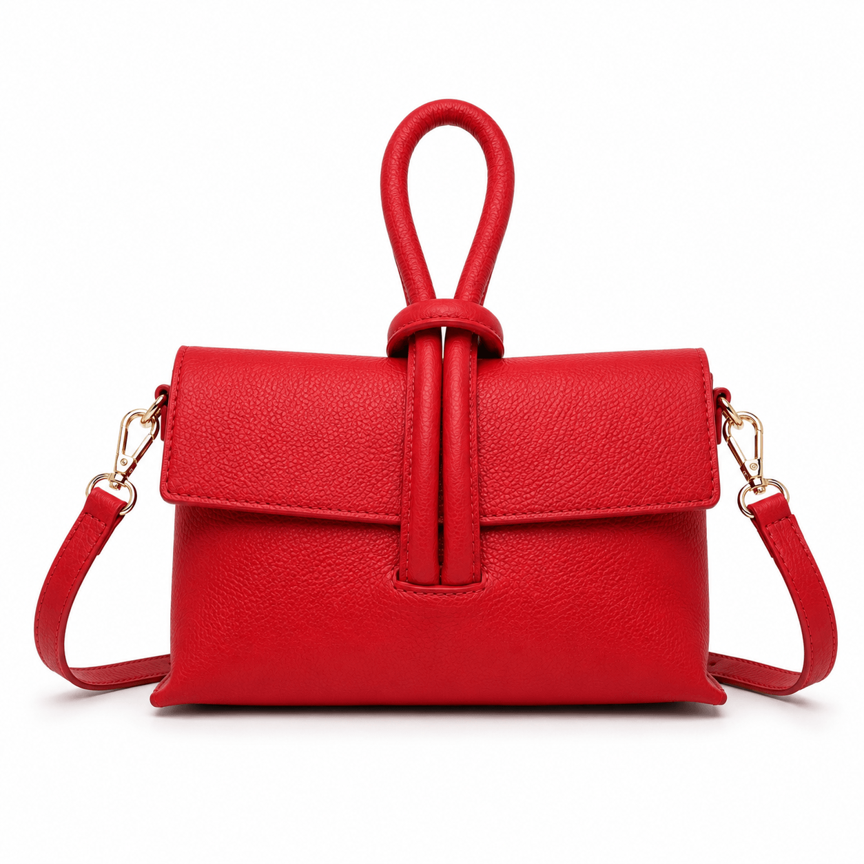 Clutch Michelle Rosso – Rote Leder Clutch mit abnehmbarem Schulterriemen und goldenen Karabinern, Frontansicht, weißer Hintergrund
