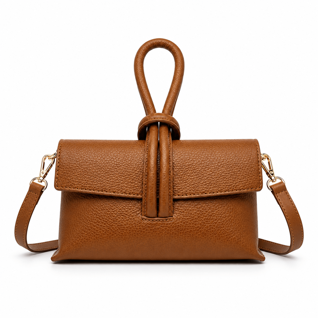 Clutch Michelle Savana – Cognac Leder Clutch mit abnehmbarem Schulterriemen und goldenen Karabinern, Frontansicht, weißer Hintergrund
