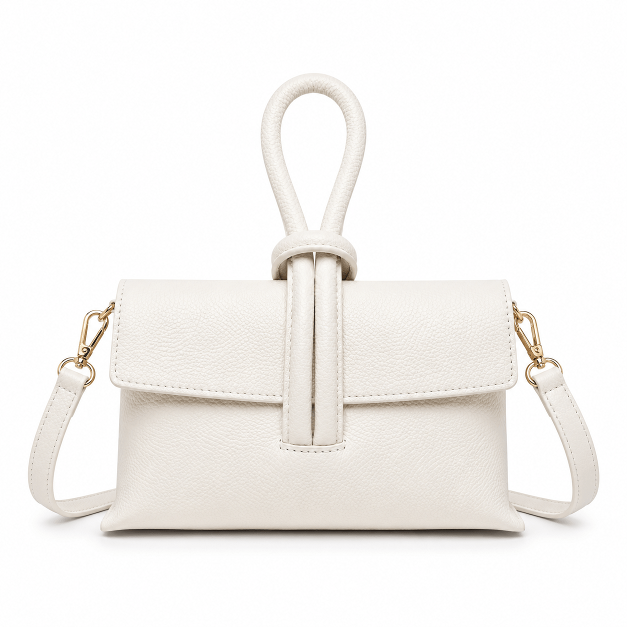 Clutch Michelle White – Weiße Leder Clutch mit abnehmbarem Schulterriemen und goldenen Karabinern, Frontansicht, weißer Hintergrund
