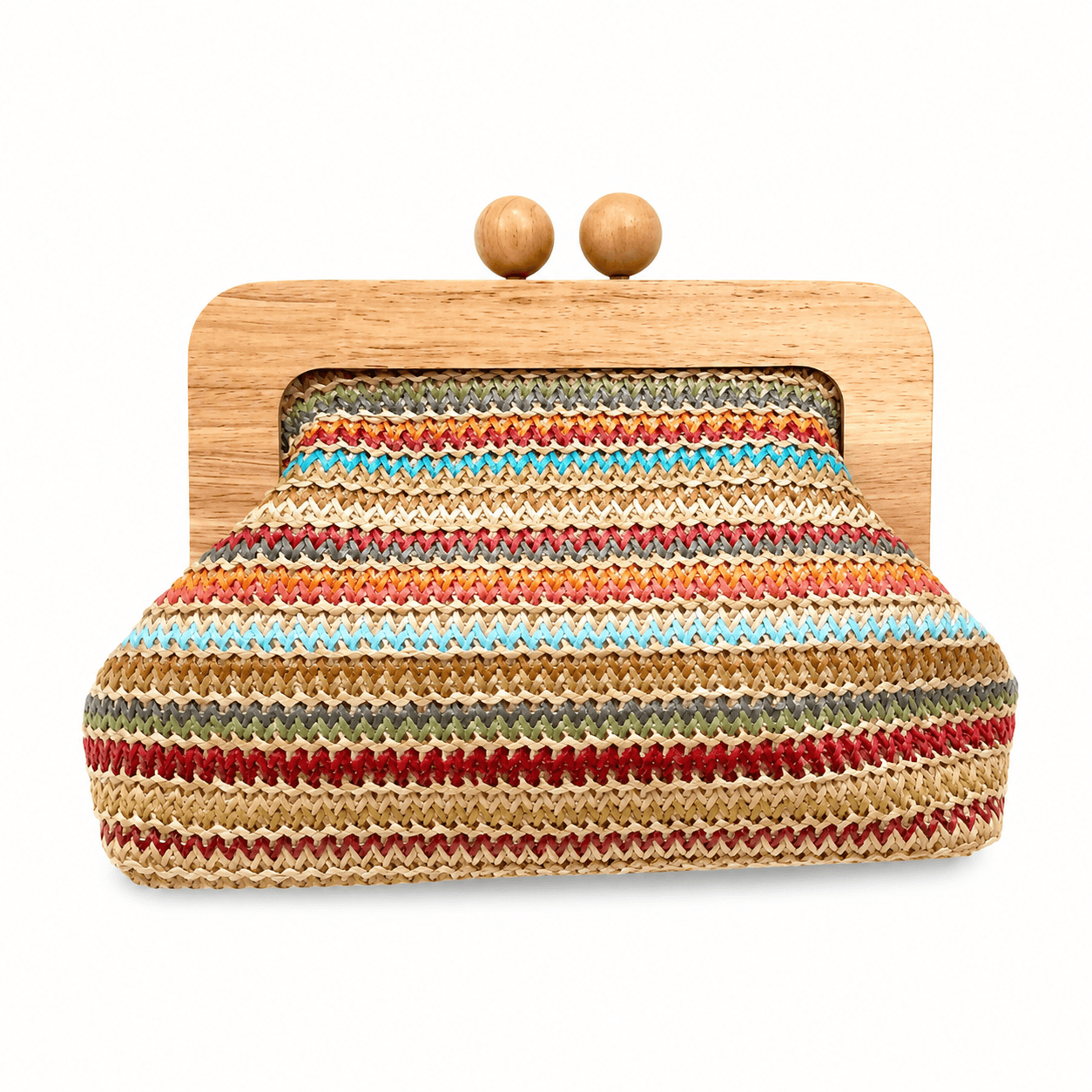 Clutch Rainbow – LiBEAU Damen Clutch Bast bunt gestreift mit Holzrahmen-Bügelverschluss und Holzknöpfen, Frontansicht | LiBEAU
