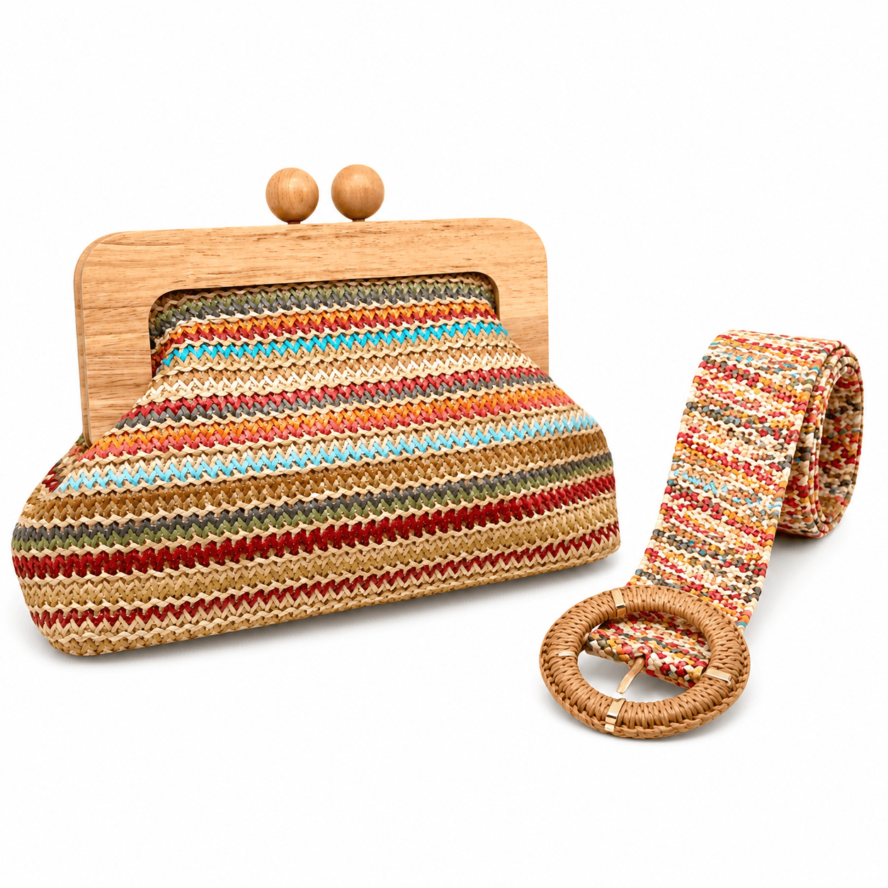 Clutch Rainbow – LiBEAU Damen Bast Clutch bunt gestreift mit passendem Boho-Gürtel aus Bast und Rattanschnalle, Set-Ansicht | LiBEAU
