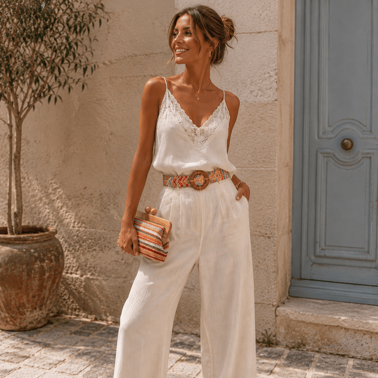 Clutch Rainbow – LiBEAU Damen hält bunte Bast Clutch Rainbow und trägt passenden Boho-Gürtel zu weißem Spaghettiträger-Jumpsuit vor mediterraner Steinfassade, strahlender sommerlicher Boho Editorial Look | LiBEAU
