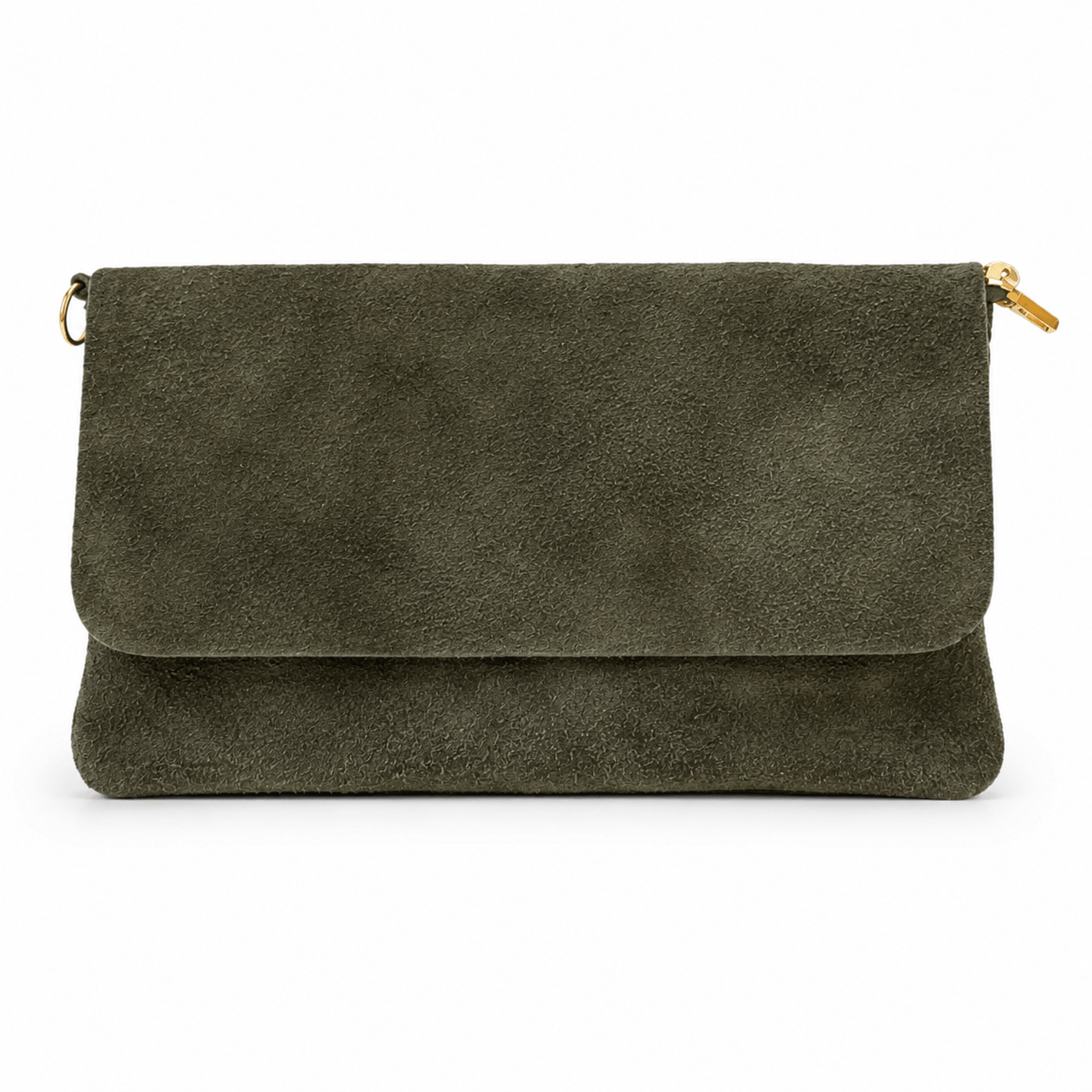 Clutch Sally – Olive Wildleder Clutch mit Überschlag und goldenem Reißverschluss, als Clutch getragen, Frontansicht | LiBEAU
