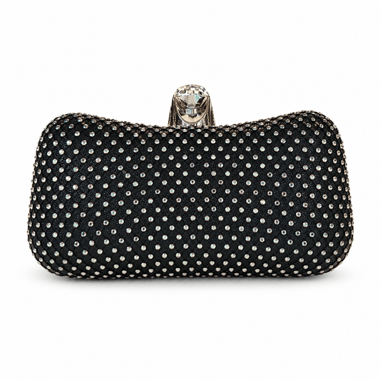 Clutch Shining Star – LiBEAU Damen Abendtasche Schwarz vollständig mit Strasssteinen besetzt, Kristall-Druckknopf-Verschluss, Frontansicht | LiBEAU
