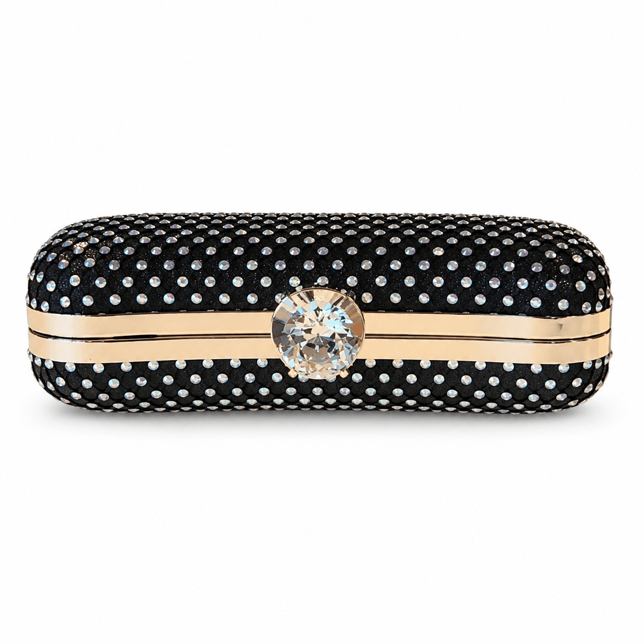 Clutch Shining Star – LiBEAU Detailansicht Deckel schwarze Strass-Abendclutch mit goldenem Rahmenstreifen und großem Kristall-Mittelverschluss | LiBEAU
