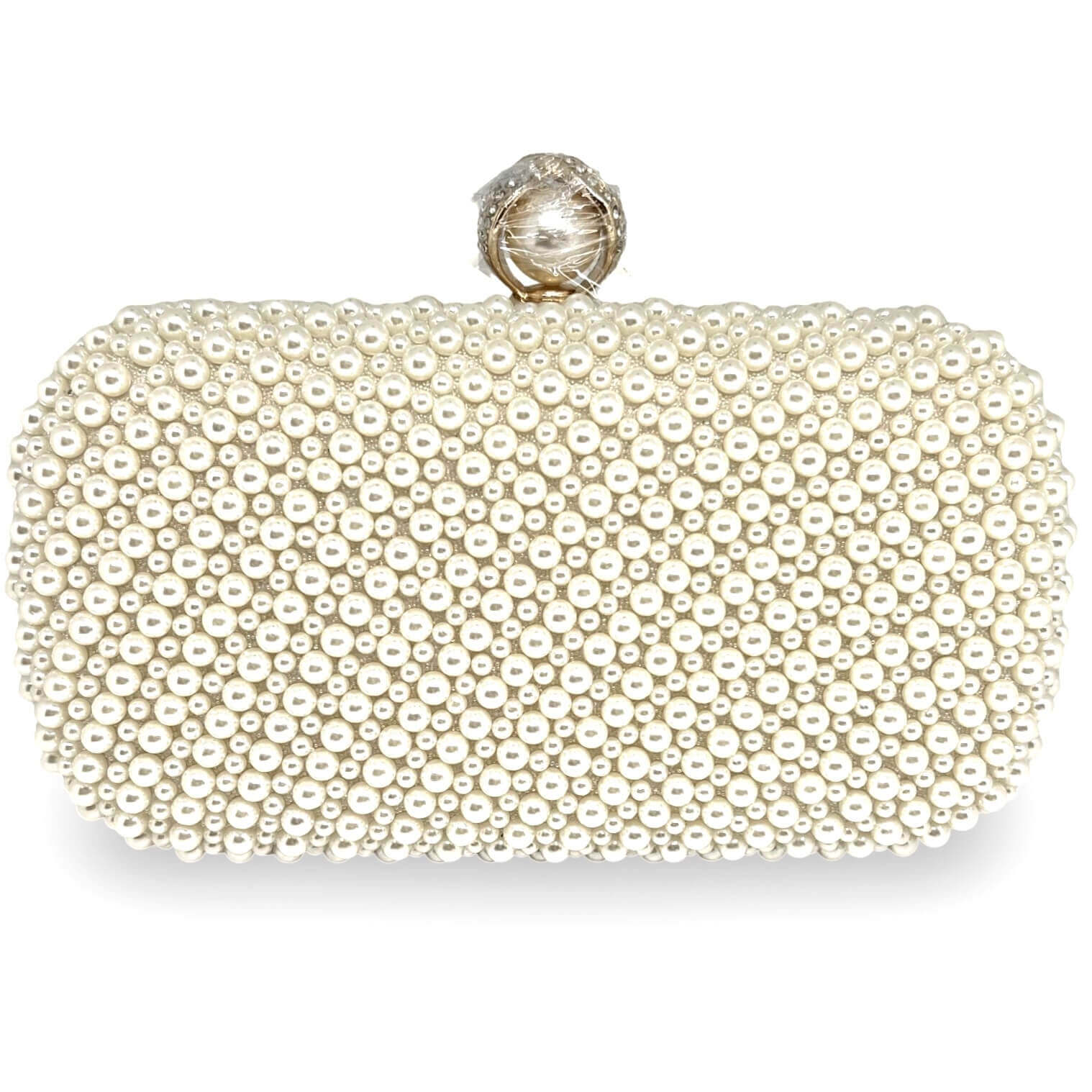 Clutch Celeste – Perlen Abendtasche ivory/creme mit Perlen-Verschluss, Frontansicht | LiBEAU
