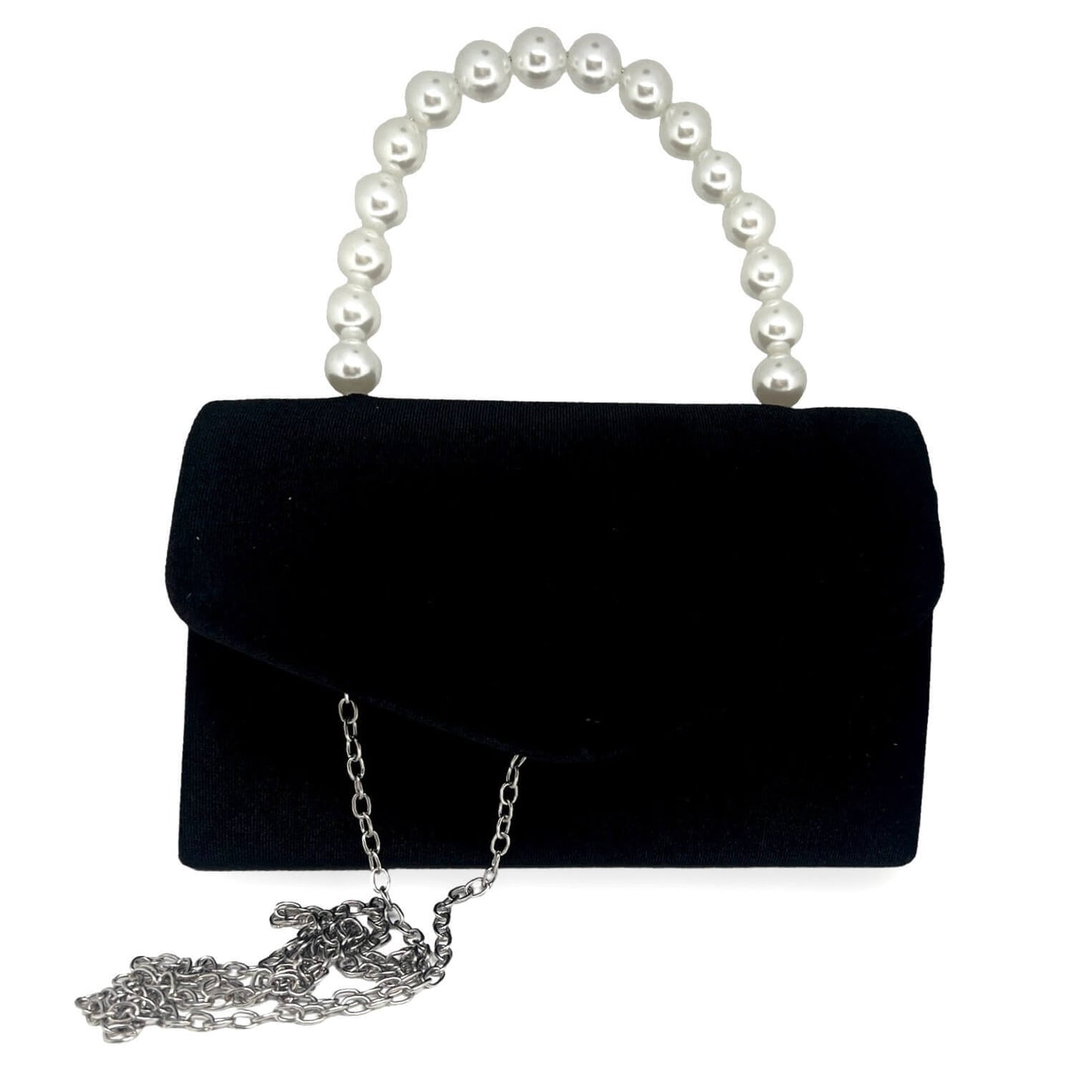 Clutch Naya – Schwarze Samt Abendtasche, Detailansicht Perlengriff und Metallverschluss | LiBEAU
