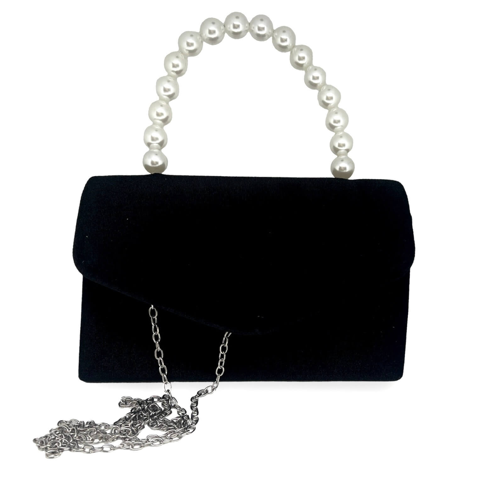 Clutch Naya – Schwarze Samt Abendtasche, Detailansicht Perlengriff und Metallverschluss | LiBEAU
