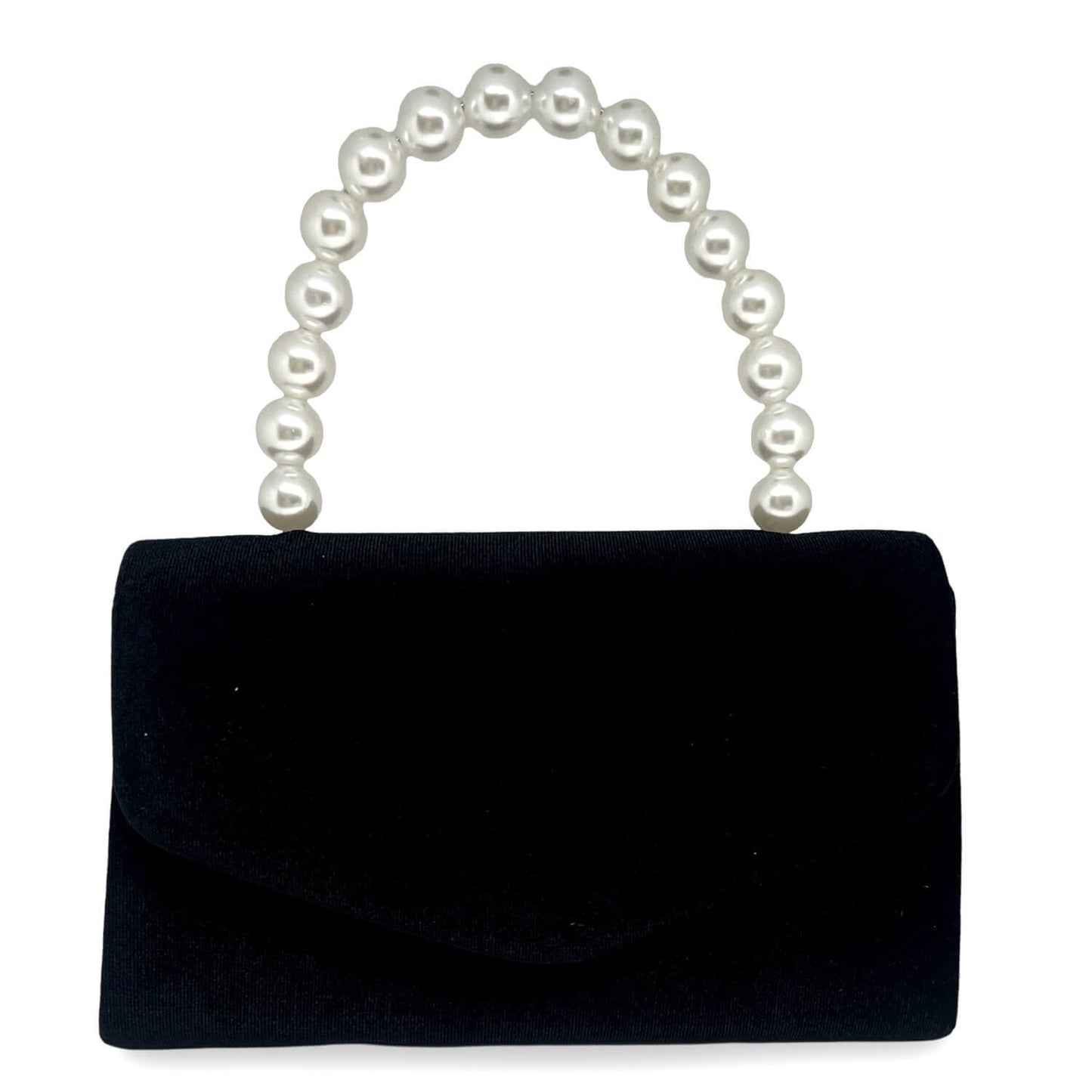 Clutch Naya – Schwarze Samt Clutch mit weißem Perlengriff, Frontansicht | LiBEAU
