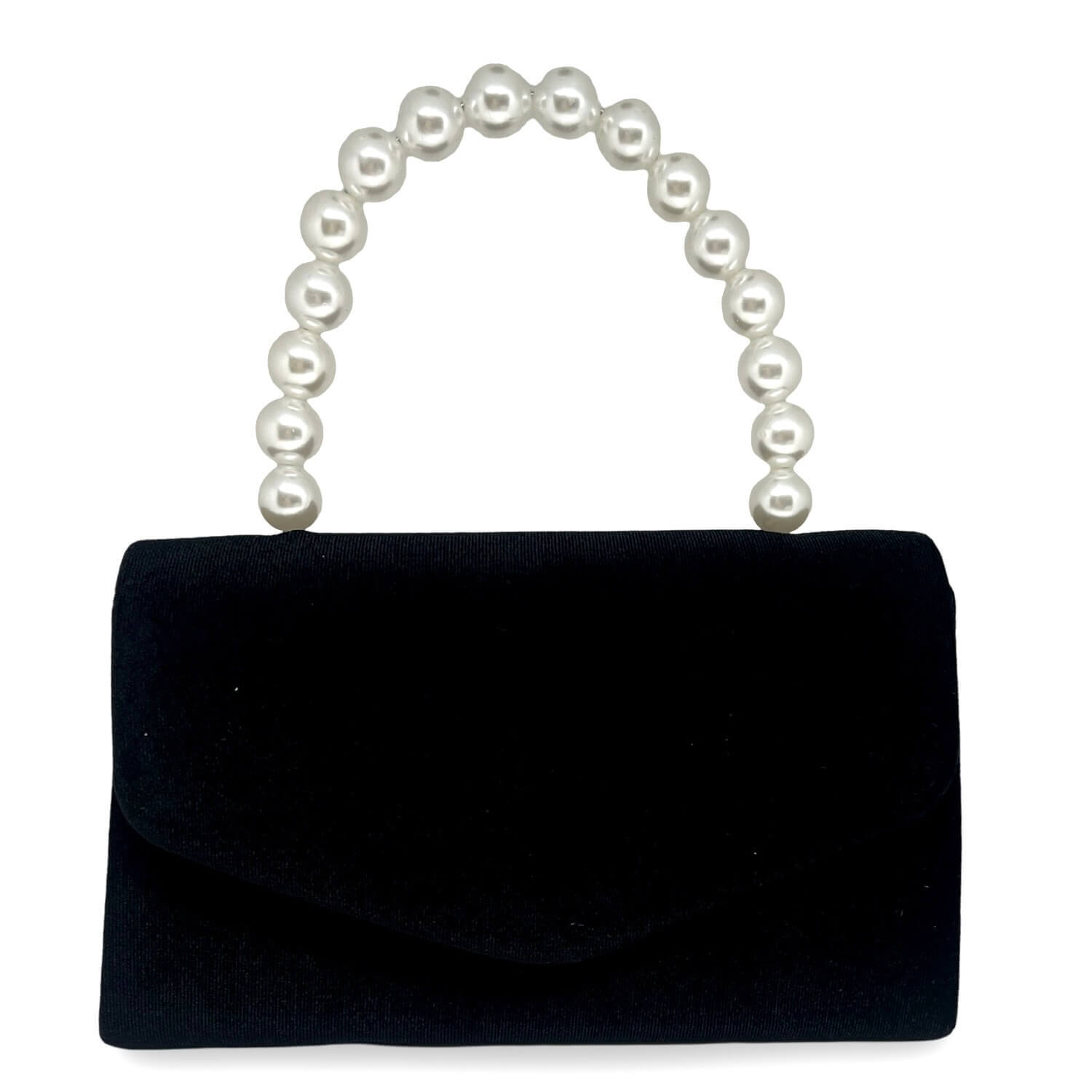Clutch Naya – Schwarze Samt Clutch mit weißem Perlengriff, Frontansicht | LiBEAU
