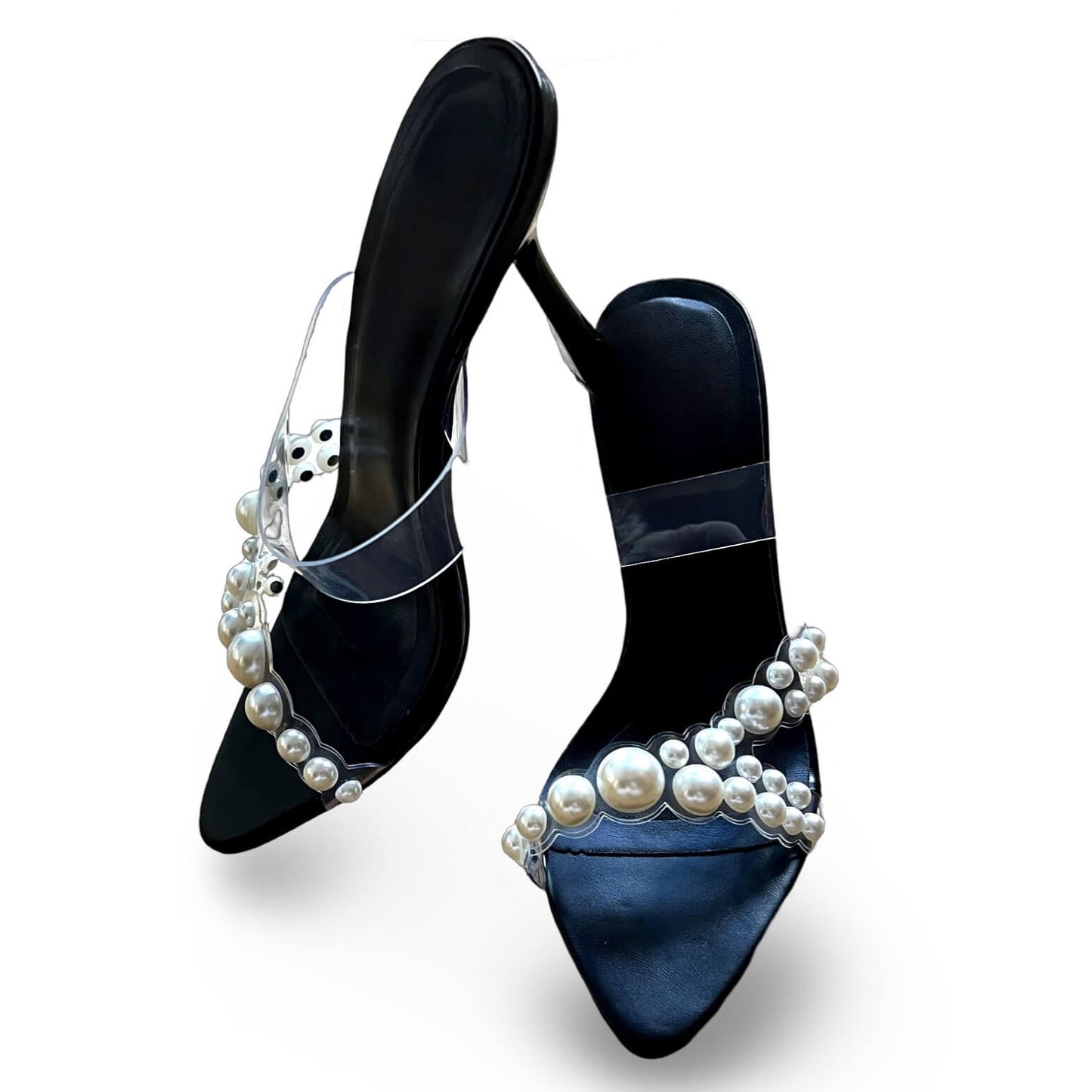 Naya Mules – Perlen Mules schwarz, Seitenansicht Stiletto-Absatz 8 cm | LiBEAU
