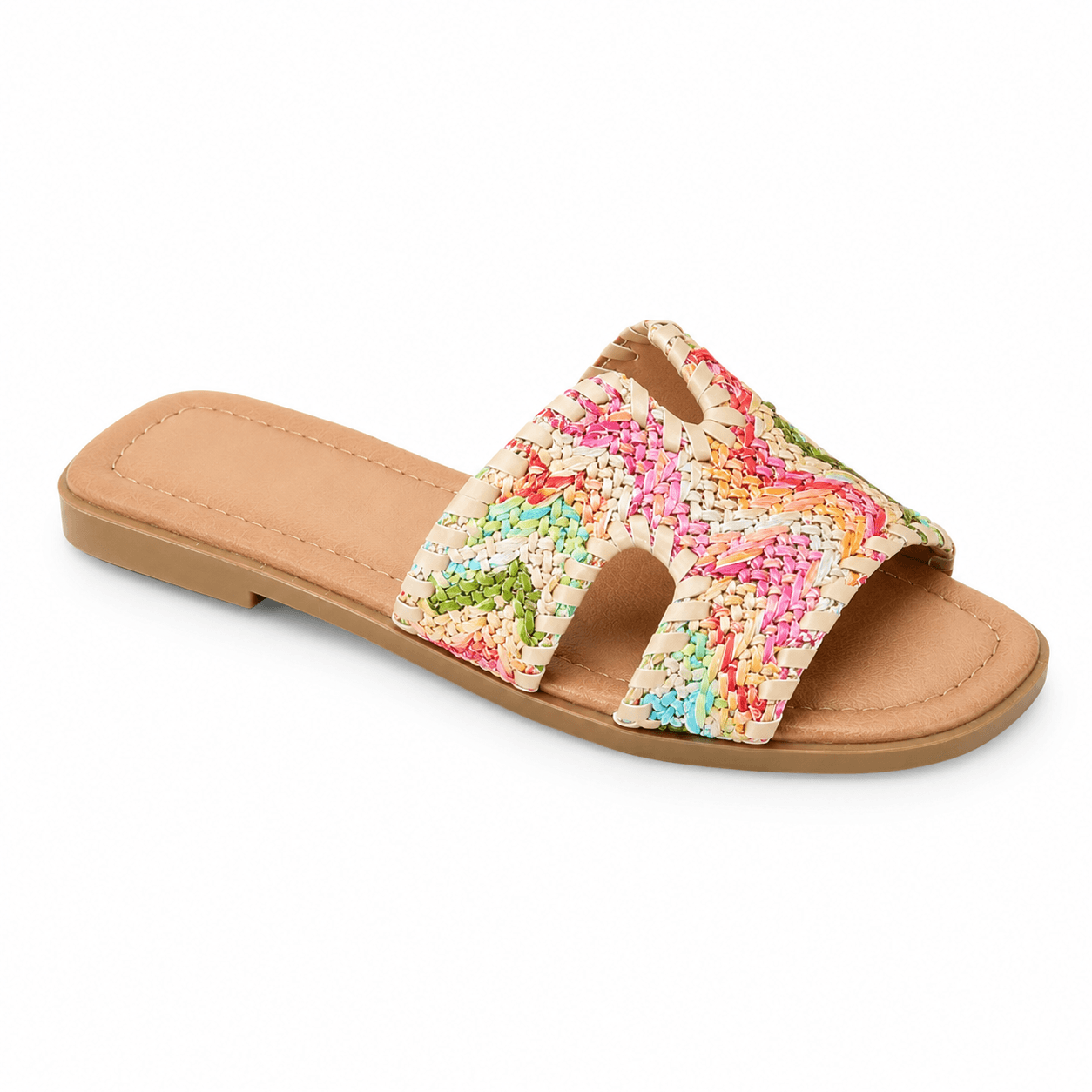 Cora Slipper – Bunte Rafia-Slipper Schrägansicht, geflochtenes Pastell-Muster | LiBEAU
