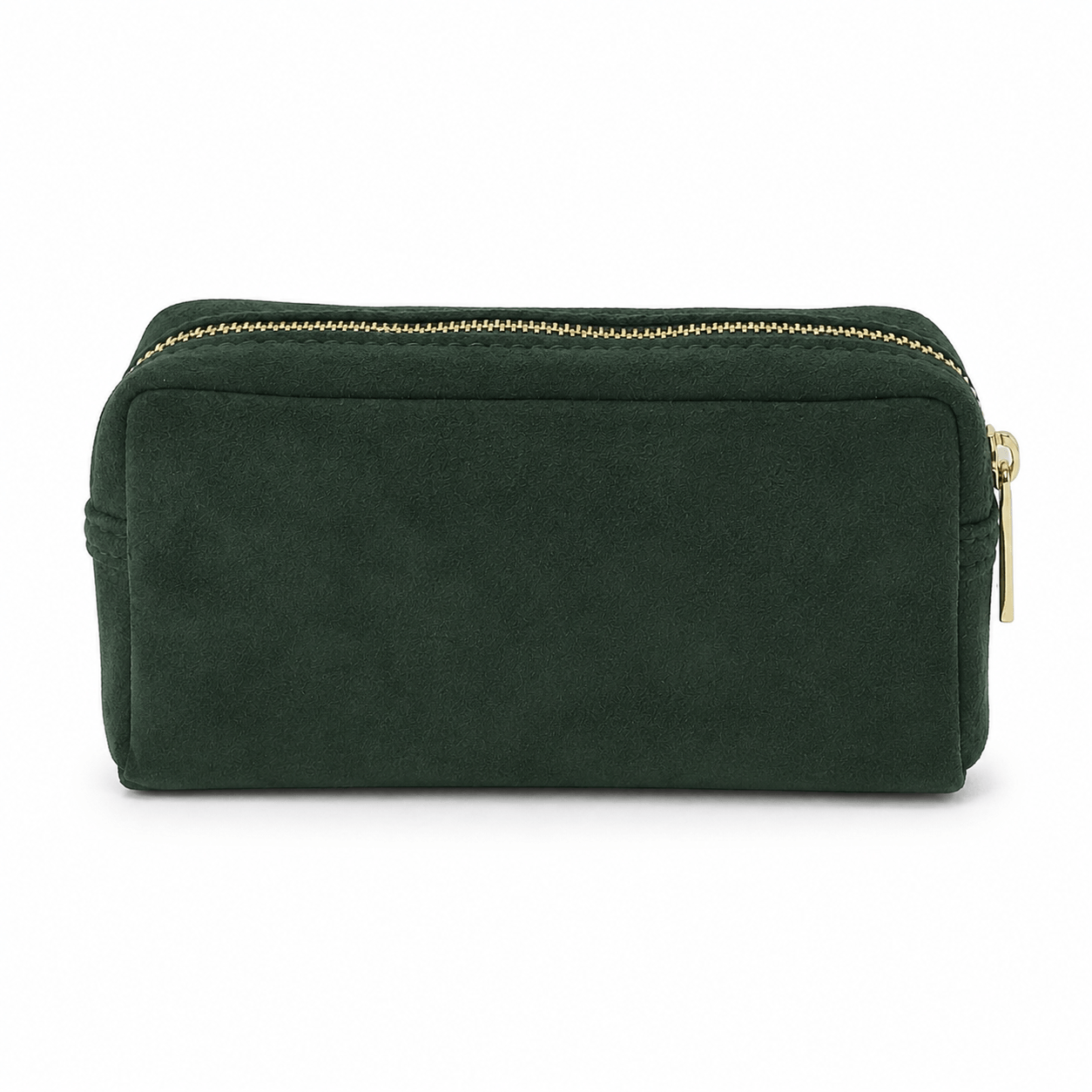 Cosmetic Bag Verde – LiBEAU Damen Kosmetiktasche Dunkelgrün Samtvelours mit Goldreißverschluss, rechteckige Box-Form, Frontansicht | LiBEAU
