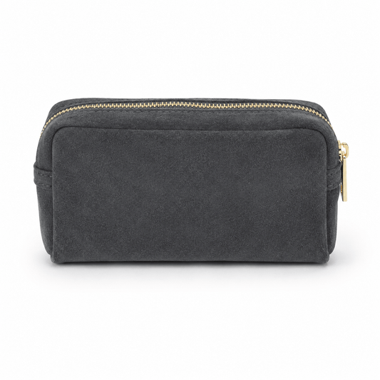 Cosmetic Bag Anthrazit – LiBEAU Damen Kosmetiktasche Anthrazit Suede/Wildleder mit Goldreißverschluss, rechteckige Box-Form, Frontansicht | LiBEAU
