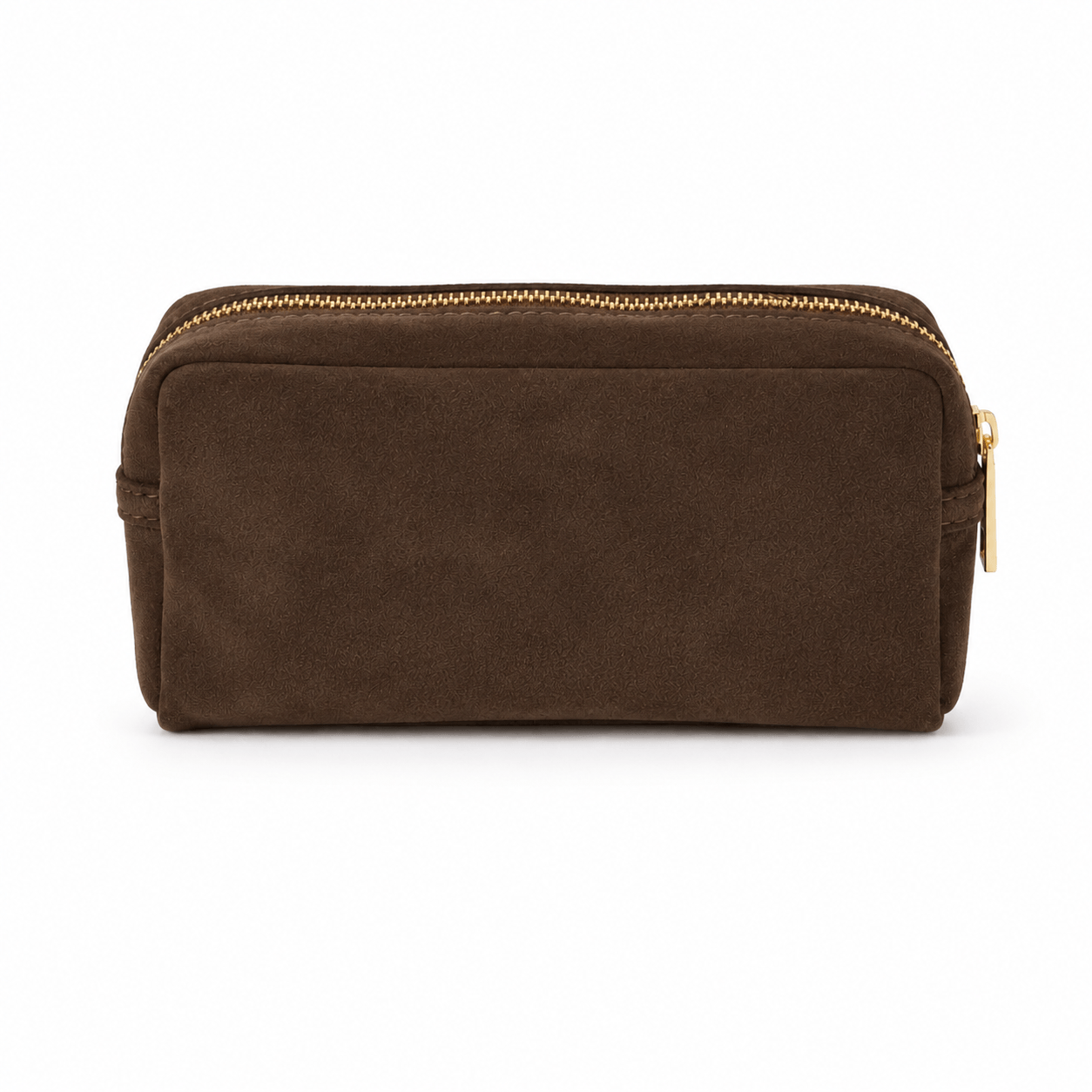 Cosmetic Bag Chocolat – LiBEAU Damen Kosmetiktasche Dunkelbraun Suede/Wildleder mit Goldreißverschluss, rechteckige Box-Form, Frontansicht | LiBEAU
