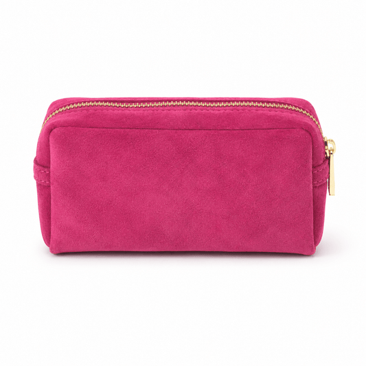Cosmetic Bag Fuchsia – LiBEAU Damen Kosmetiktasche Fuchsia Pink Suede/Wildleder mit Goldreißverschluss, rechteckige Box-Form, Frontansicht | LiBEAU
