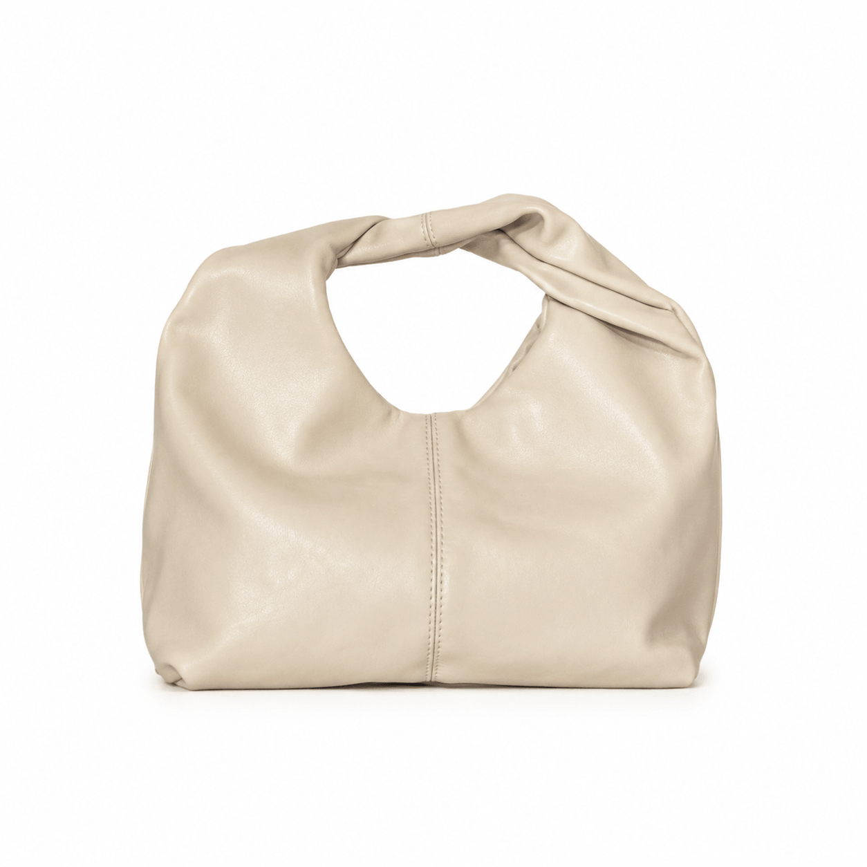 Crossy Clutch – LiBEAU Damen Clutch Creme weiches Kunstleder mit skulpturalем Twist-Knoten-Henkel und weicher Hobo-Silhouette, Frontansicht | LiBEAU
