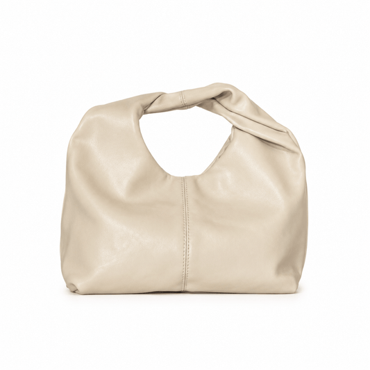 Crossy Clutch – LiBEAU Damen Clutch Creme weiches Kunstleder mit skulpturalем Twist-Knoten-Henkel und weicher Hobo-Silhouette, Frontansicht | LiBEAU
