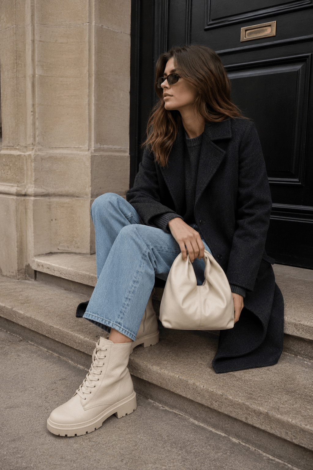 Crossy Clutch – LiBEAU Damen sitzt mit cremefarbener Kunstleder-Clutch am Knoten-Henkel auf Pariser Treppe vor schwarzer Tür zu schwarzem Oversized-Wollmantel, hellblauen Jeans und cremefarbenen Combat-Boots, zeitloser lässiger City Look | LiBEAU

