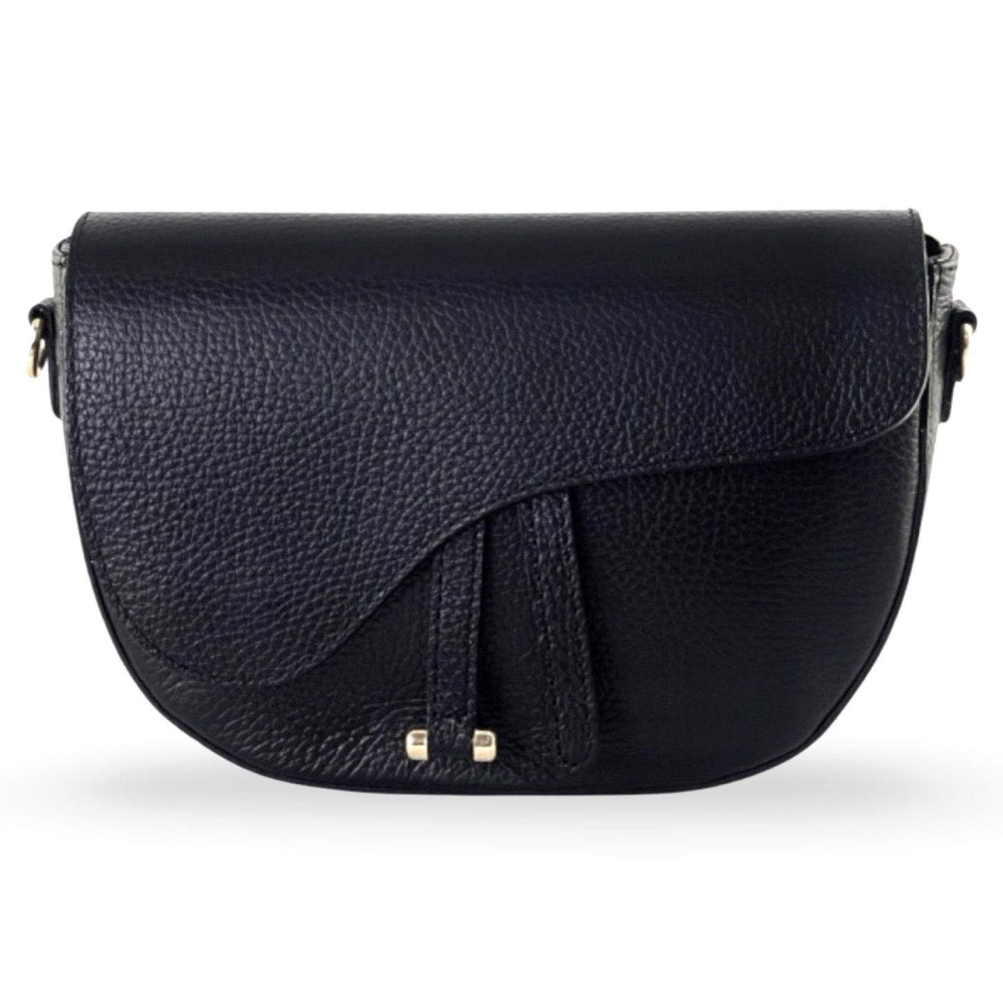Handbag Dion Nero – LiBEAU Damen Umhängetasche Schwarz genarbtes Leder, asymmetrische Klappe mit Lederriemen-Detail und Goldnieten, Frontansicht | LiBEAU
