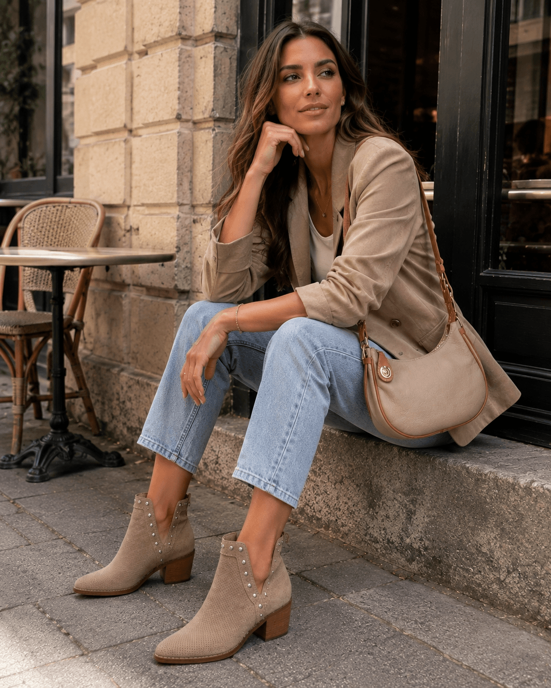 Elora Boots Beige – Damen trägt beige Wildlederimitat Ankle Boots mit Blockabsatz | LiBEAU
