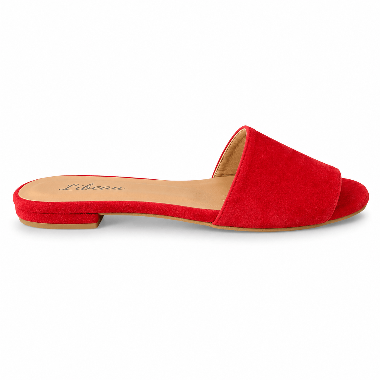 Feya Slipper – Rote Wildleder-Slipper Seitenansicht, Suede-Detail | LiBEAU

