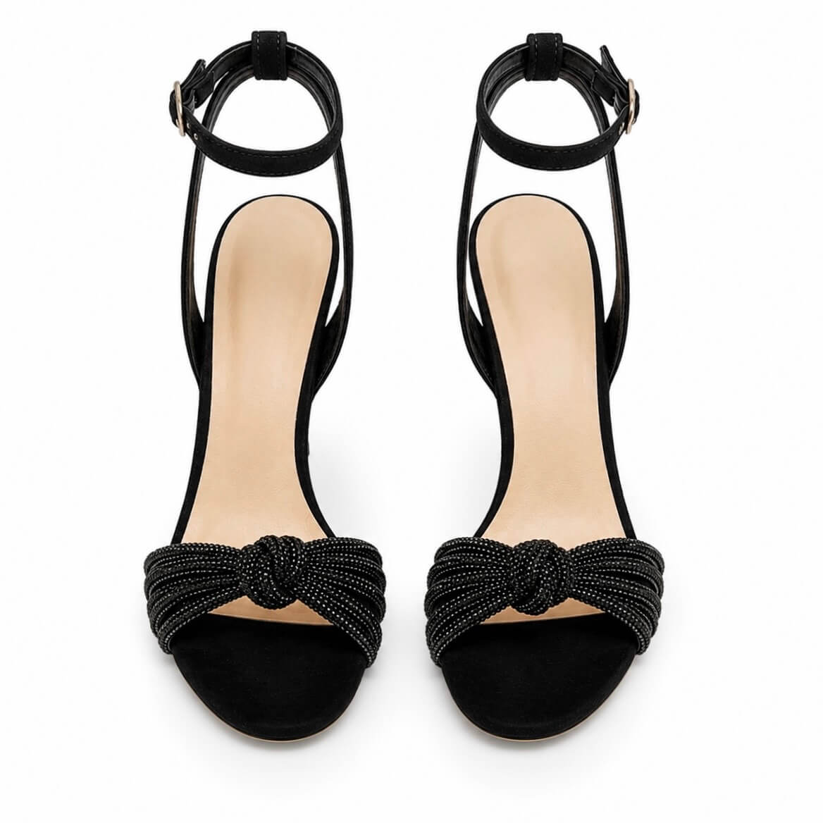 Forever Love Sandals – LiBEAU schwarze Wildleder-Riemchensandalen Draufsicht, schimmernde Strass-Steine am Mittelfuß und filigrane Riemchen | LiBEAU
