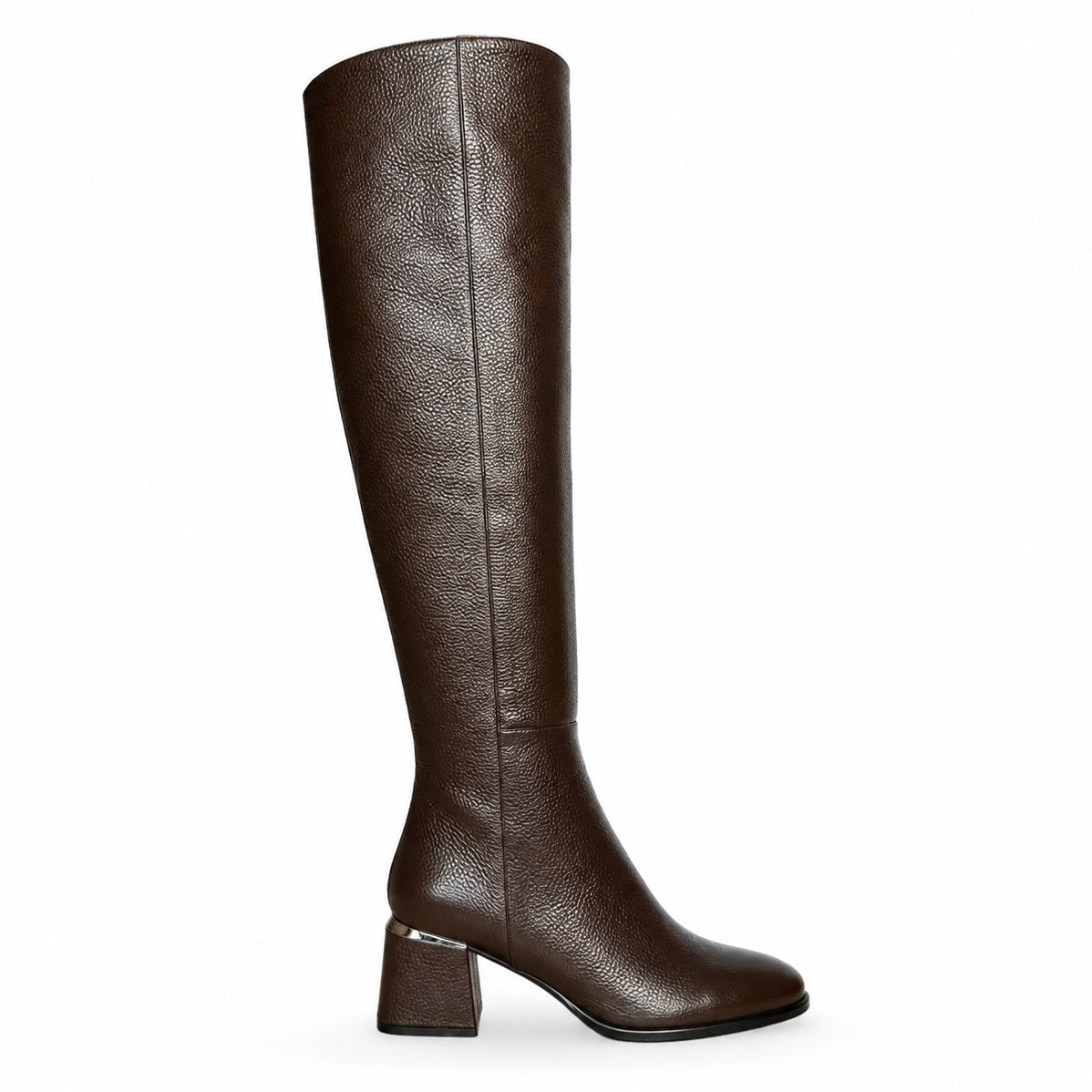 Grace Stiefel – LiBEAU Damen Overknee Stiefel Dunkelbraun Leder, schlanker 5 cm Blockabsatz mit Metalldetail, Seitenansicht | LiBEAU
