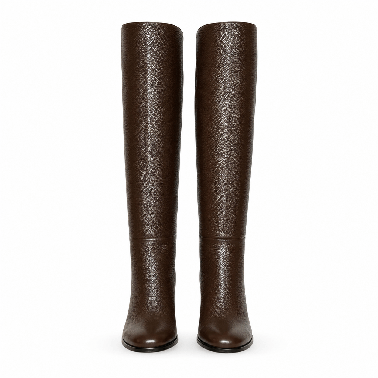 Grace Stiefel – LiBEAU Dunkelbraun Leder Overknee Stiefel Paar, Frontansicht mit rundem
