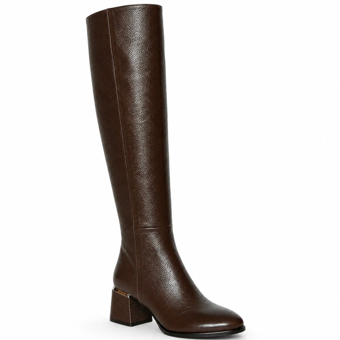 Grace Stiefel – LiBEAU Dunkelbraun Leder Overknee Stiefel schräg, 5 cm Blockabsatz mit Metalldetail | LiBEAU
