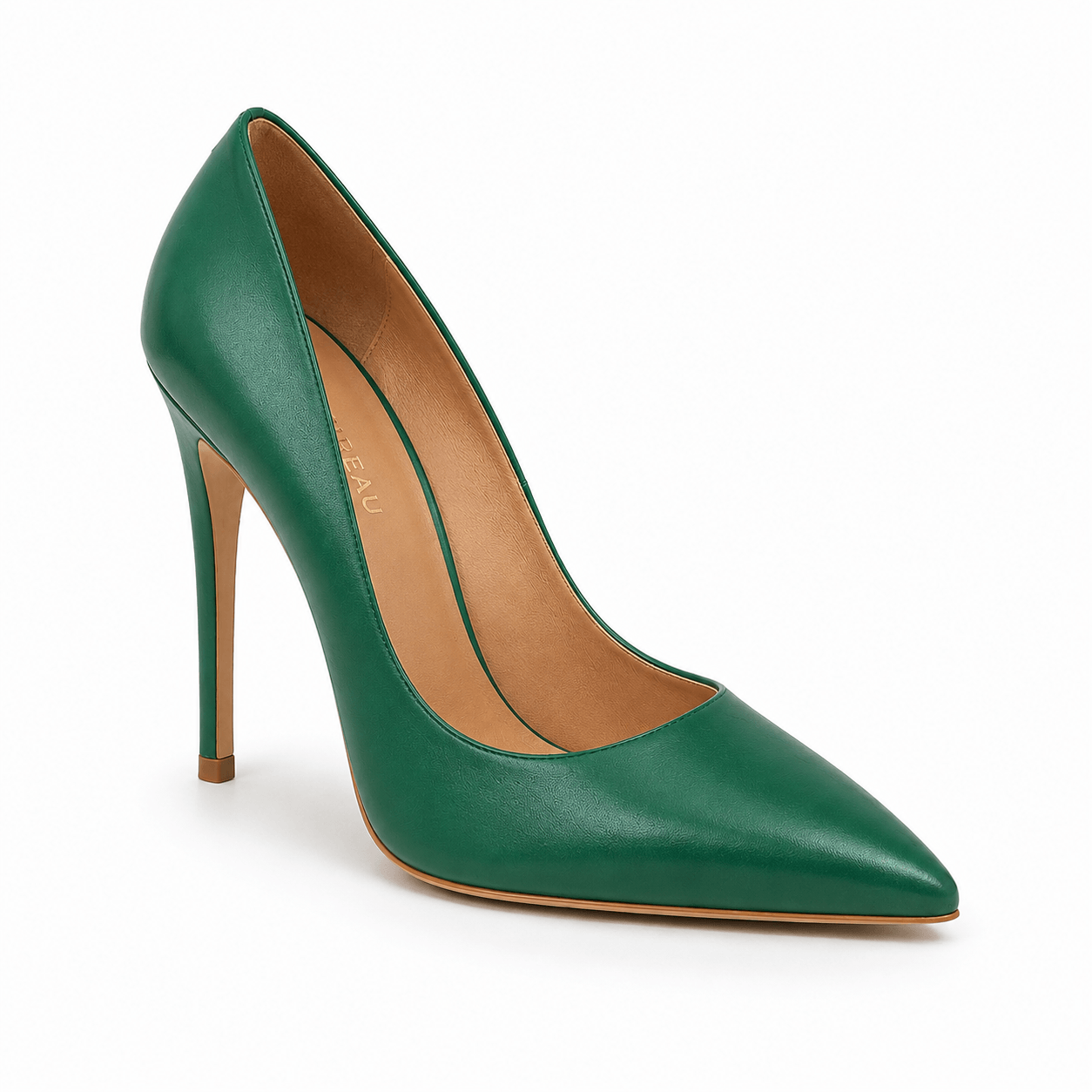Green Footprint Pumps – LiBEAU grüne Leder-Stiletto-Pumps seitlich, schlanker 11,5 cm Metallabsatz, Seitenansicht | LiBEAU
