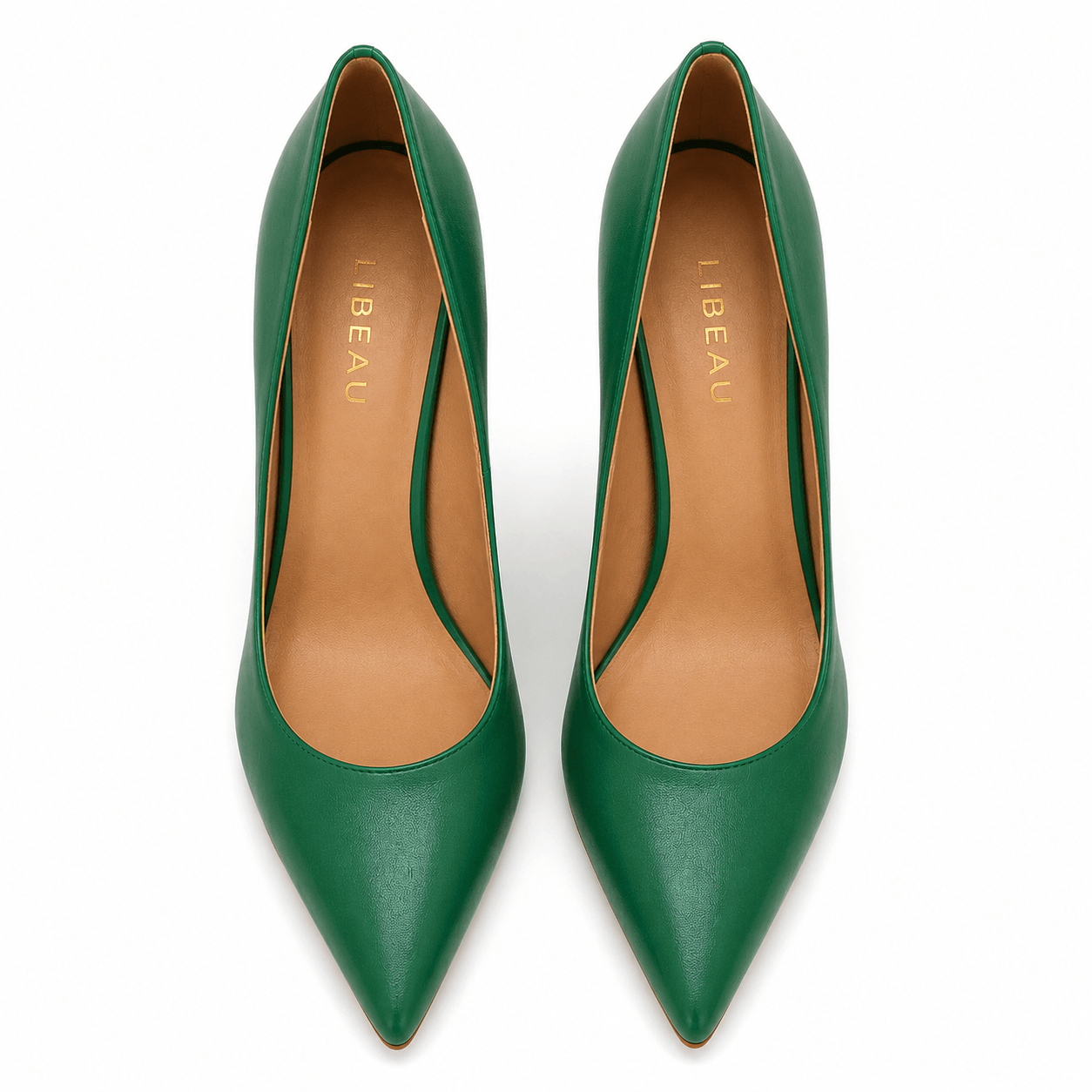 Green Footprint Pumps – LiBEAU grüne Leder-Stiletto-Pumps Draufsicht frontal, spitze Zehenpartie und schlanker Metallabsatz Detail | LiBEAU
