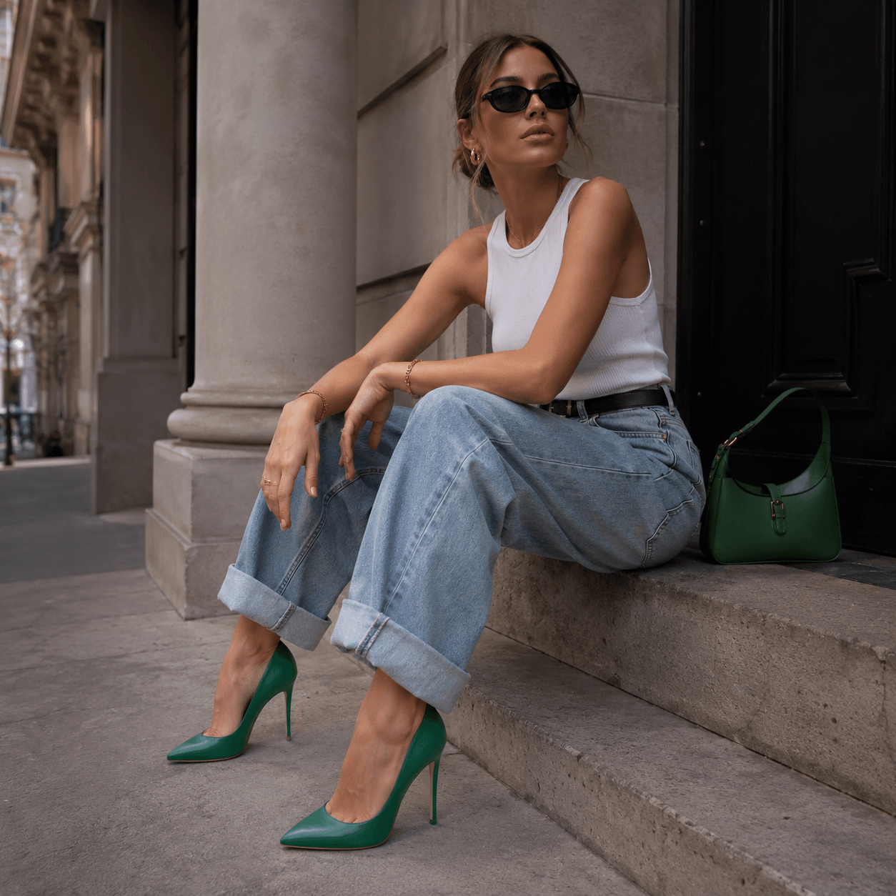 Green Footprint Pumps – LiBEAU Damen trägt grüne Stiletto High Heels, mutiger modischer Statement Editorial Look | LiBEAU
